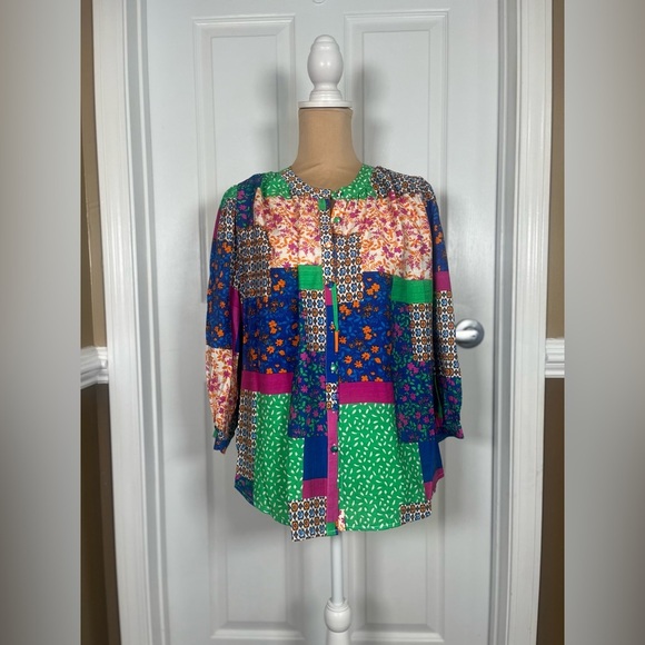 Fate Multicolor Patchwork Women's 3/4 Sleeve Top Size Medium NWT - Picture 7 of 13